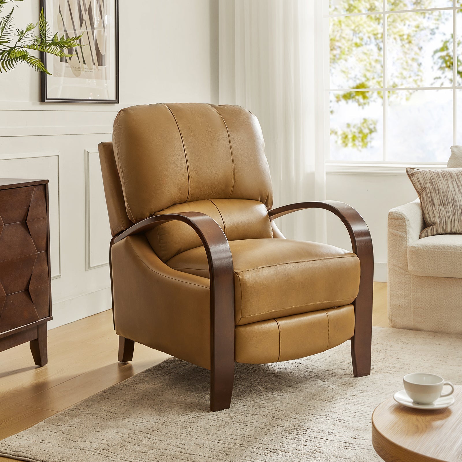 Fauteuil inclinable manuel en cuir véritable avec accoudoirs incurvés, ressorts sinueux et pieds en hévéa noyer | Beige / Chocolat / Camel / Noir / Bordeaux / Marron / Bleu marine / Tourterelle / Gris | Siège unique