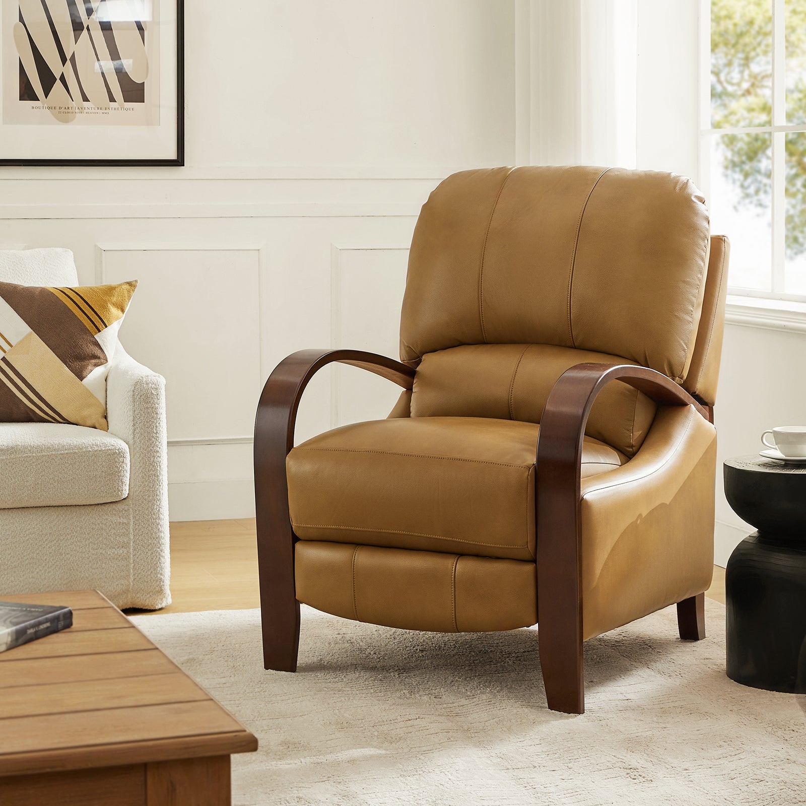 Fauteuil inclinable manuel en cuir véritable avec accoudoirs incurvés, ressorts sinueux et pieds en hévéa noyer | Beige / Chocolat / Camel / Noir / Bordeaux / Marron / Bleu marine / Tourterelle / Gris | Siège unique