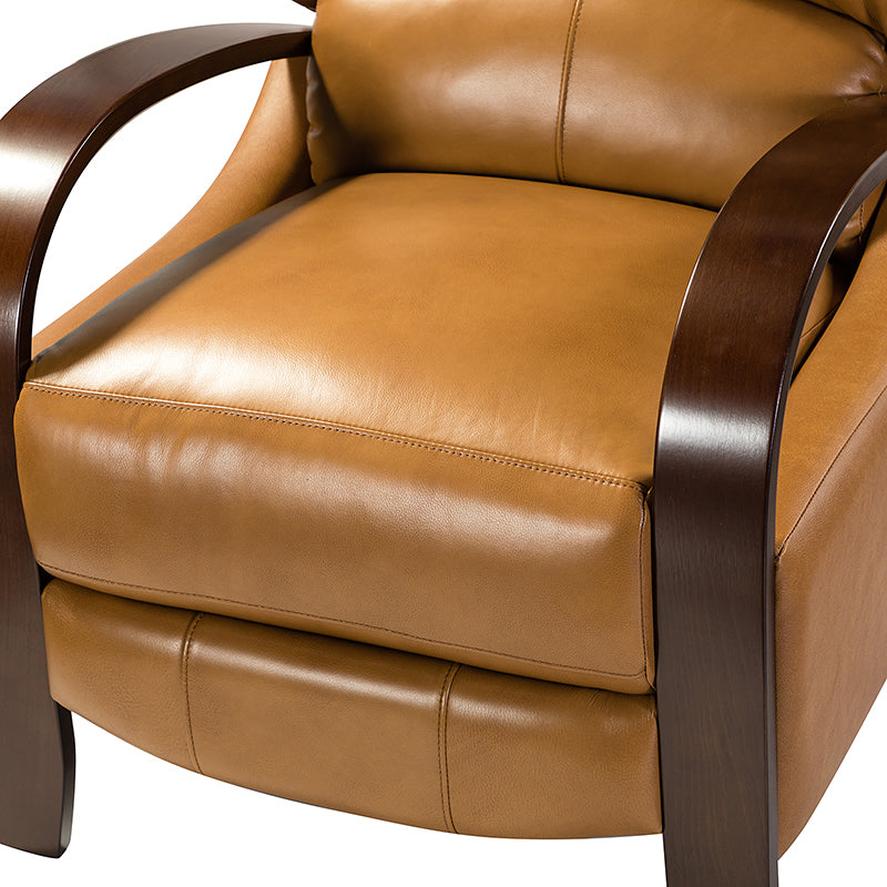Fauteuil inclinable manuel en cuir véritable avec accoudoirs incurvés, ressorts sinueux et pieds en hévéa noyer | Beige / Chocolat / Camel / Noir / Bordeaux / Marron / Bleu marine / Tourterelle / Gris | Siège unique