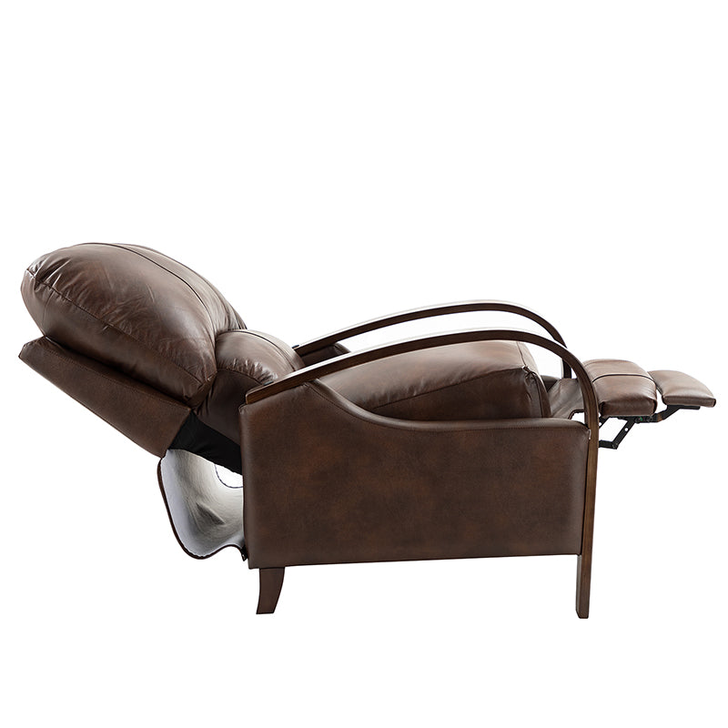 Fauteuil inclinable manuel en cuir véritable avec accoudoirs incurvés, ressorts sinueux et pieds en hévéa noyer | Beige / Chocolat / Camel / Noir / Bordeaux / Marron / Bleu marine / Tourterelle / Gris | Siège unique