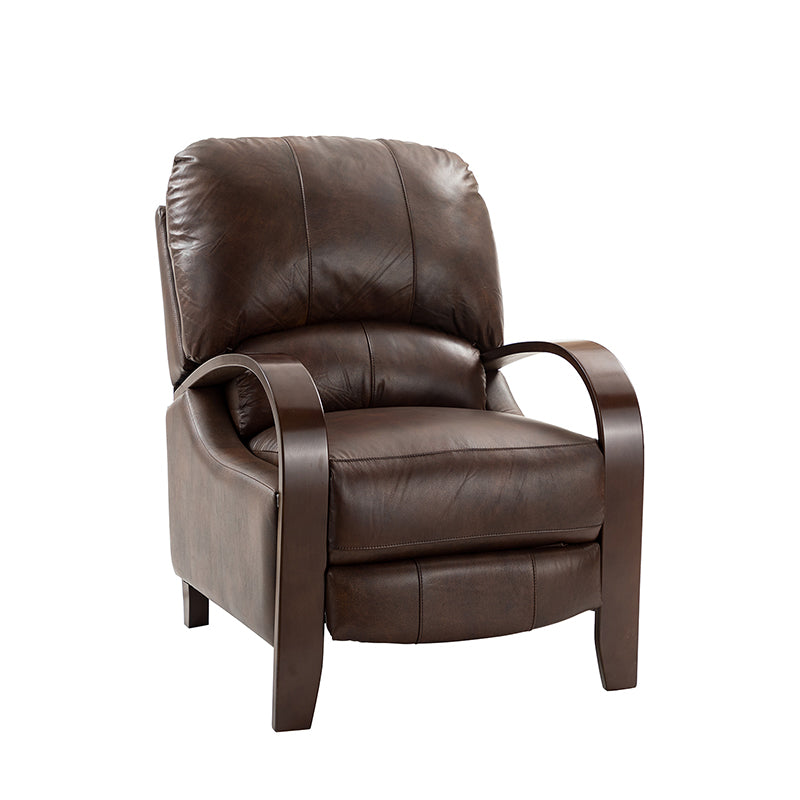 Fauteuil inclinable manuel en cuir véritable avec accoudoirs incurvés, ressorts sinueux et pieds en hévéa noyer | Beige / Chocolat / Camel / Noir / Bordeaux / Marron / Bleu marine / Tourterelle / Gris | Siège unique