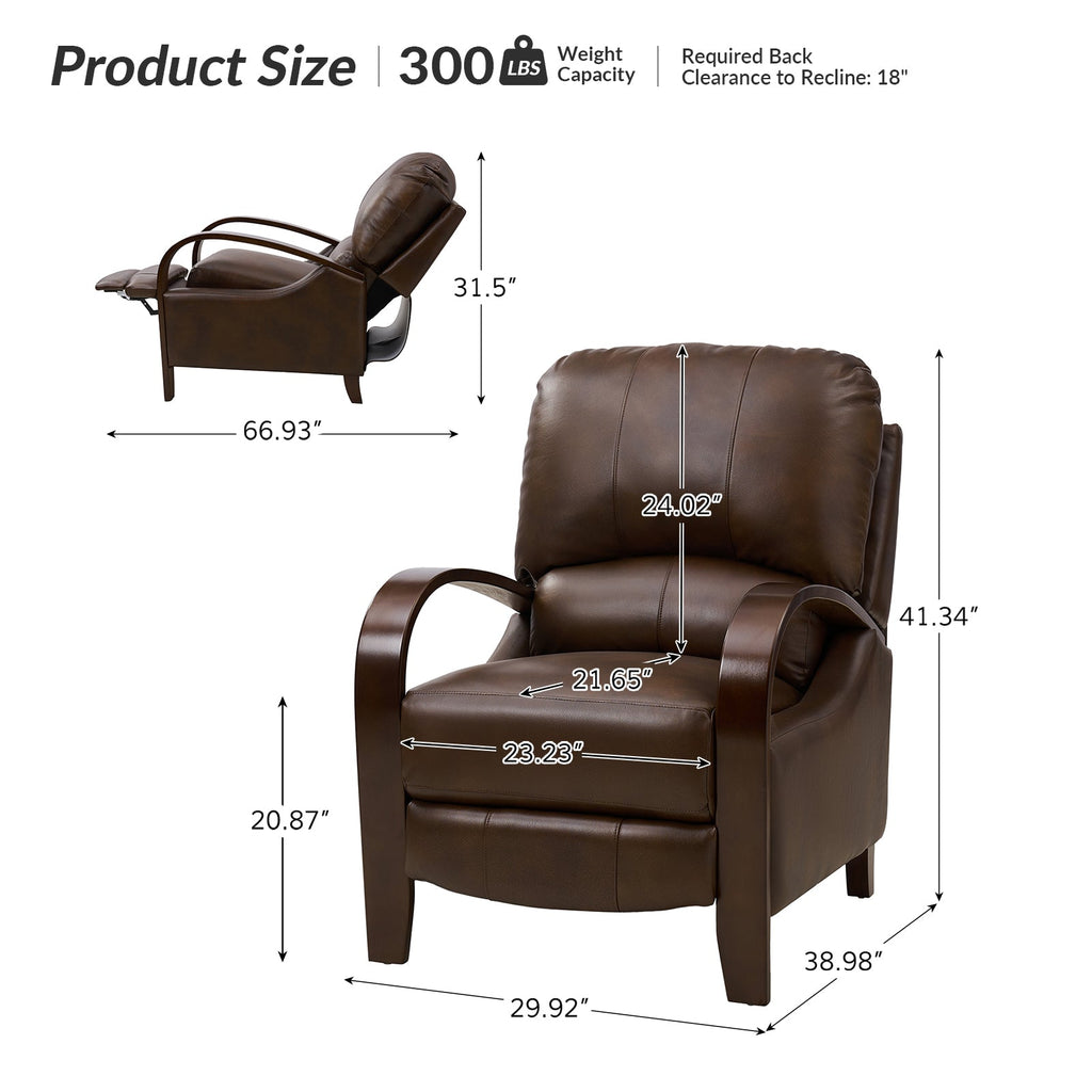 Fauteuil inclinable manuel en cuir véritable avec accoudoirs incurvés, ressorts sinueux et pieds en hévéa noyer | Beige / Chocolat / Camel / Noir / Bordeaux / Marron / Bleu marine / Tourterelle / Gris | Siège unique