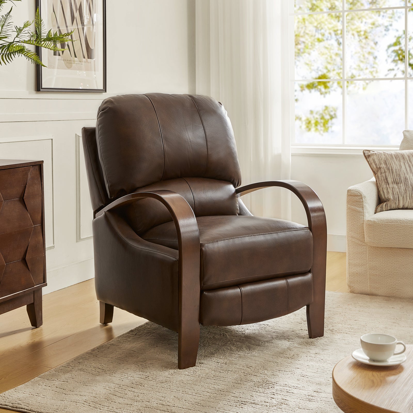 Fauteuil inclinable manuel en cuir véritable avec accoudoirs incurvés, ressorts sinueux et pieds en hévéa noyer | Beige / Chocolat / Camel / Noir / Bordeaux / Marron / Bleu marine / Tourterelle / Gris | Siège unique