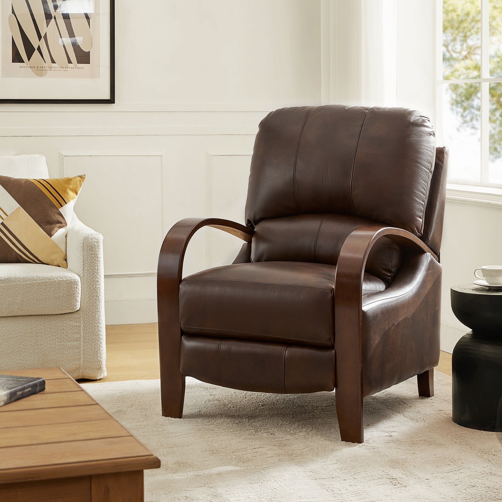 Fauteuil inclinable manuel en cuir véritable avec accoudoirs incurvés, ressorts sinueux et pieds en hévéa noyer | Beige / Chocolat / Camel / Noir / Bordeaux / Marron / Bleu marine / Tourterelle / Gris | Siège unique