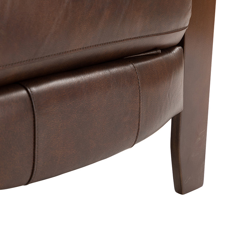 Fauteuil inclinable manuel en cuir véritable avec accoudoirs incurvés, ressorts sinueux et pieds en hévéa noyer | Beige / Chocolat / Camel / Noir / Bordeaux / Marron / Bleu marine / Tourterelle / Gris | Siège unique