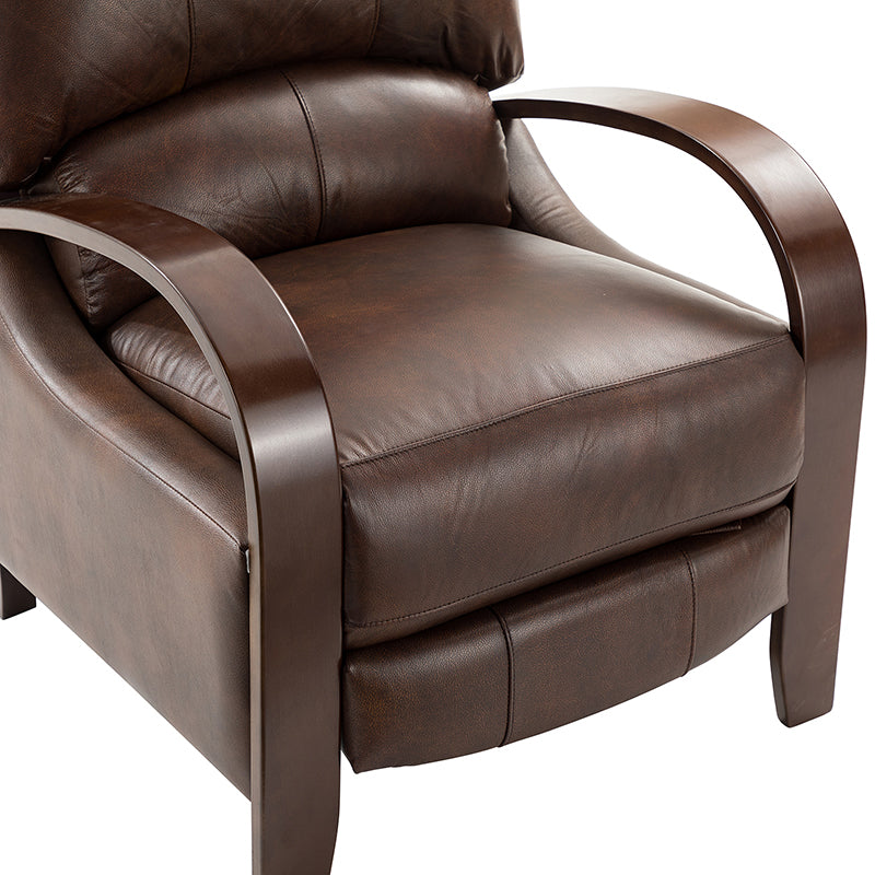 Fauteuil inclinable manuel en cuir véritable avec accoudoirs incurvés, ressorts sinueux et pieds en hévéa noyer | Beige / Chocolat / Camel / Noir / Bordeaux / Marron / Bleu marine / Tourterelle / Gris | Siège unique