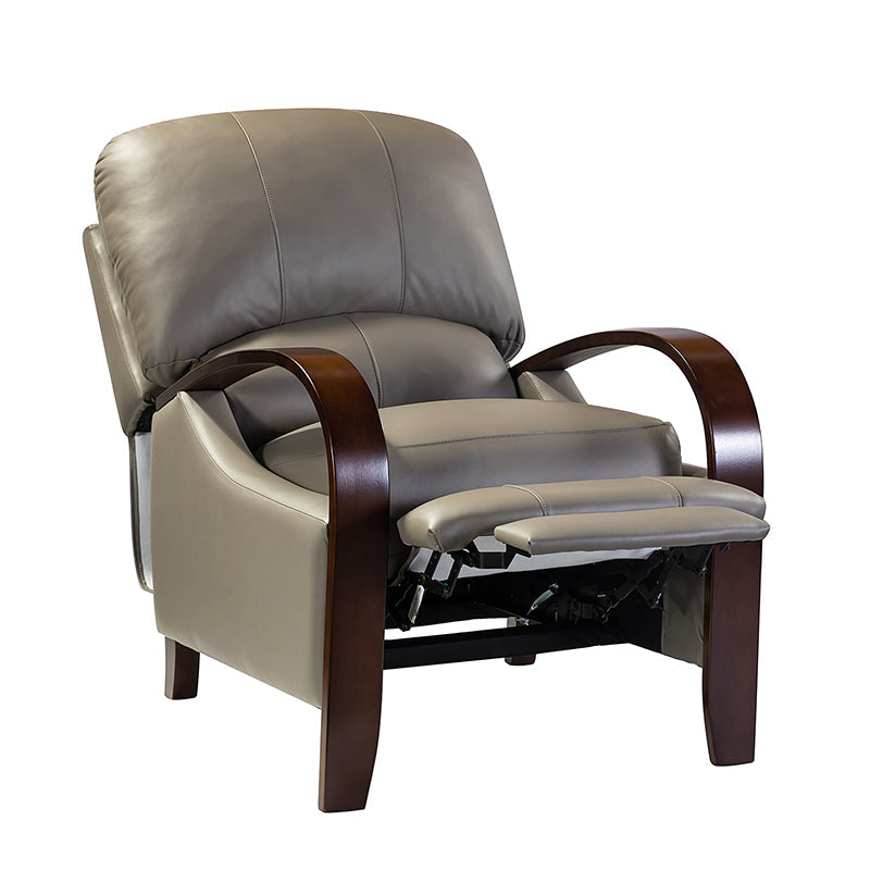 Fauteuil inclinable manuel en cuir véritable avec accoudoirs incurvés, ressorts sinueux et pieds en hévéa noyer | Beige / Chocolat / Camel / Noir / Bordeaux / Marron / Bleu marine / Tourterelle / Gris | Siège unique