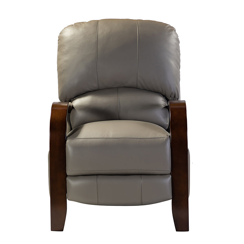 Fauteuil inclinable manuel en cuir véritable avec accoudoirs incurvés, ressorts sinueux et pieds en hévéa noyer | Beige / Chocolat / Camel / Noir / Bordeaux / Marron / Bleu marine / Tourterelle / Gris | Siège unique