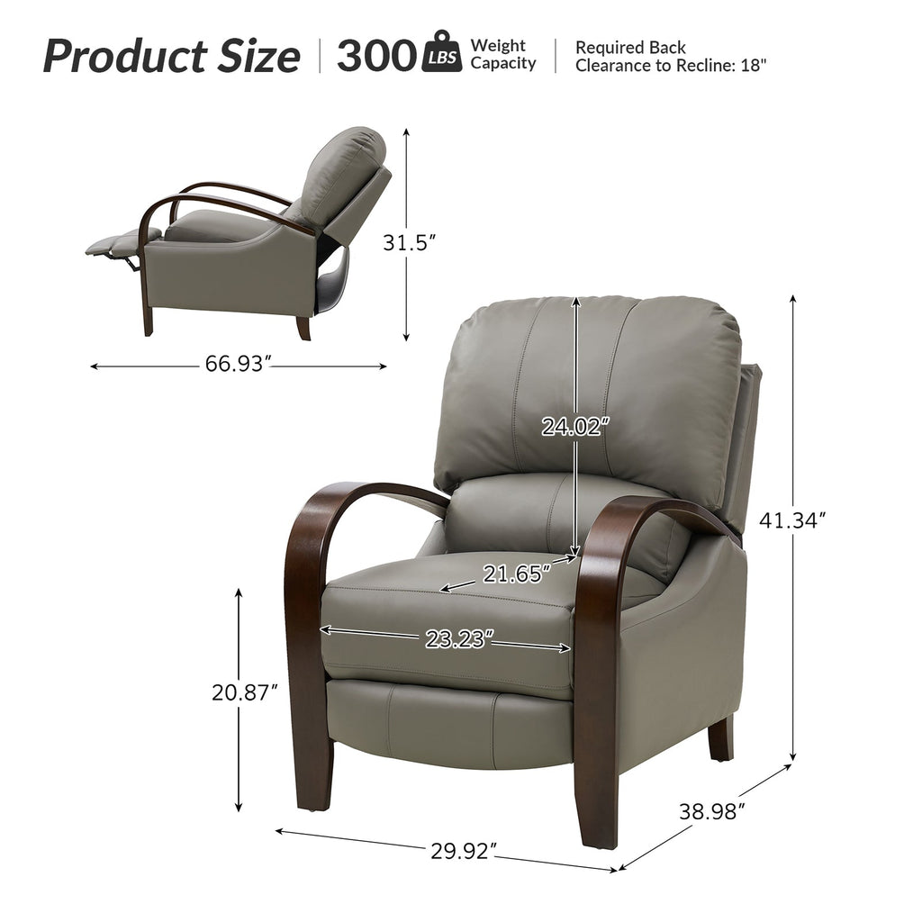 Fauteuil inclinable manuel en cuir véritable avec accoudoirs incurvés, ressorts sinueux et pieds en hévéa noyer | Beige / Chocolat / Camel / Noir / Bordeaux / Marron / Bleu marine / Tourterelle / Gris | Siège unique