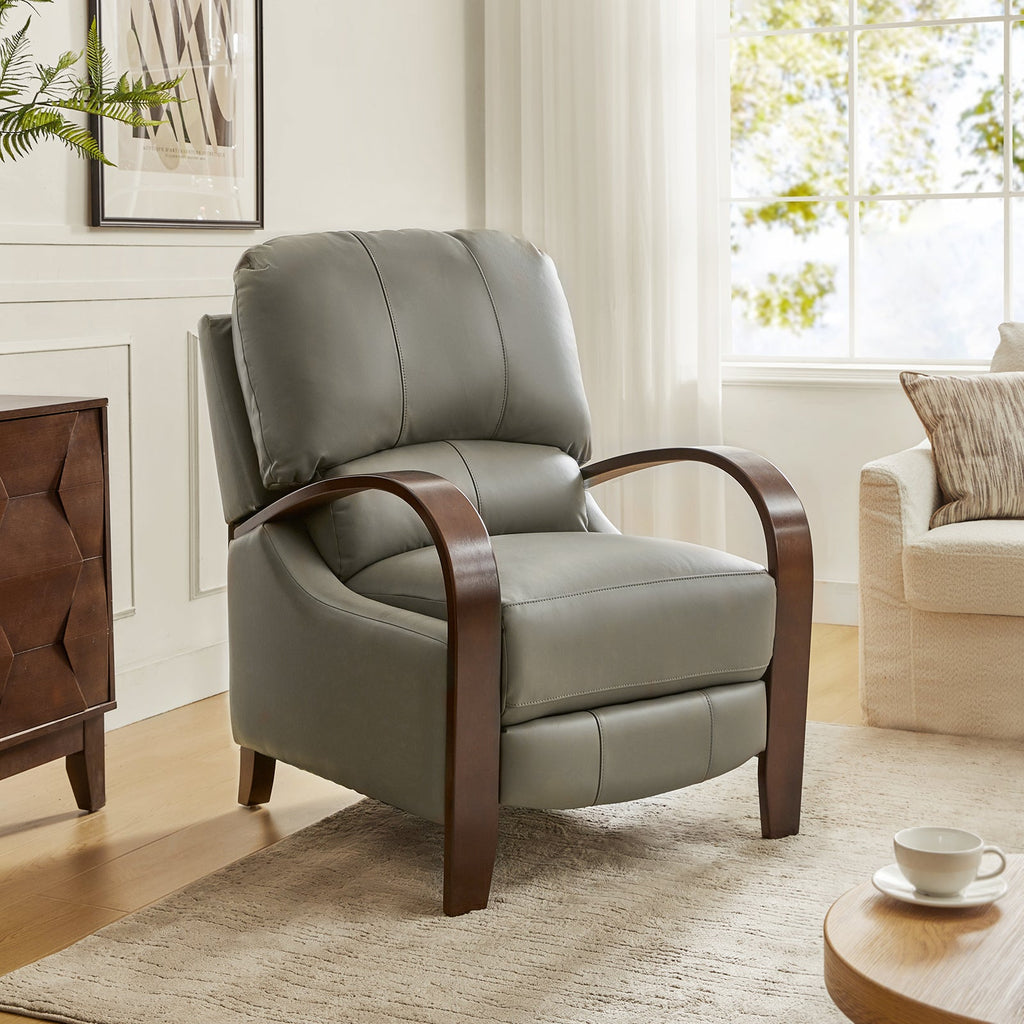 Fauteuil inclinable manuel en cuir véritable avec accoudoirs incurvés, ressorts sinueux et pieds en hévéa noyer | Beige / Chocolat / Camel / Noir / Bordeaux / Marron / Bleu marine / Tourterelle / Gris | Siège unique