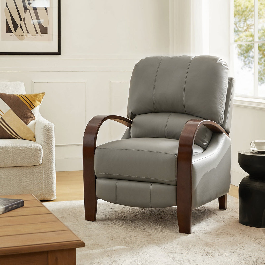 Fauteuil inclinable manuel en cuir véritable avec accoudoirs incurvés, ressorts sinueux et pieds en hévéa noyer | Beige / Chocolat / Camel / Noir / Bordeaux / Marron / Bleu marine / Tourterelle / Gris | Siège unique