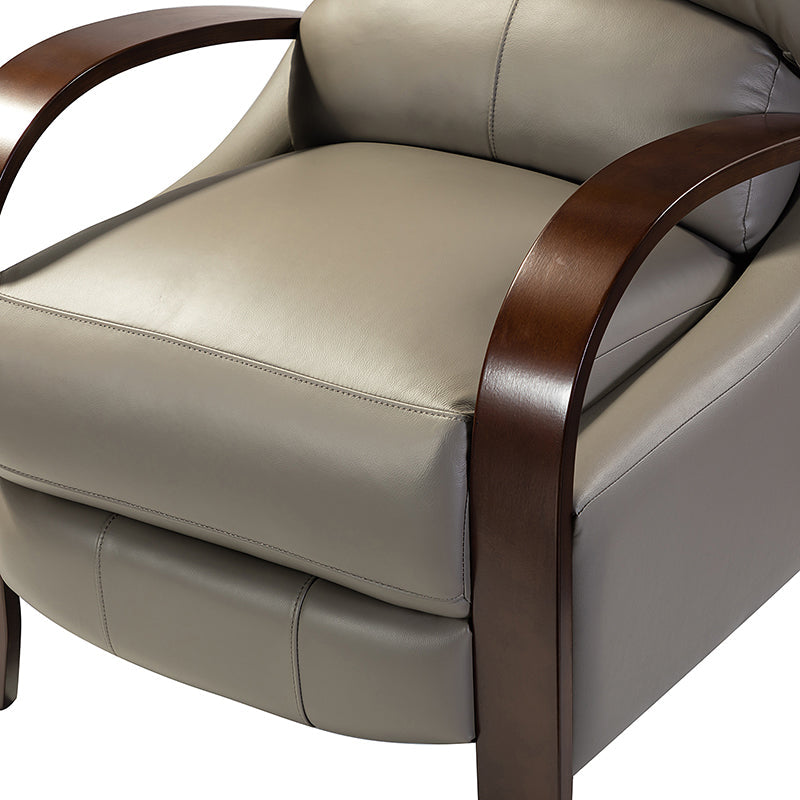 Fauteuil inclinable manuel en cuir véritable avec accoudoirs incurvés, ressorts sinueux et pieds en hévéa noyer | Beige / Chocolat / Camel / Noir / Bordeaux / Marron / Bleu marine / Tourterelle / Gris | Siège unique