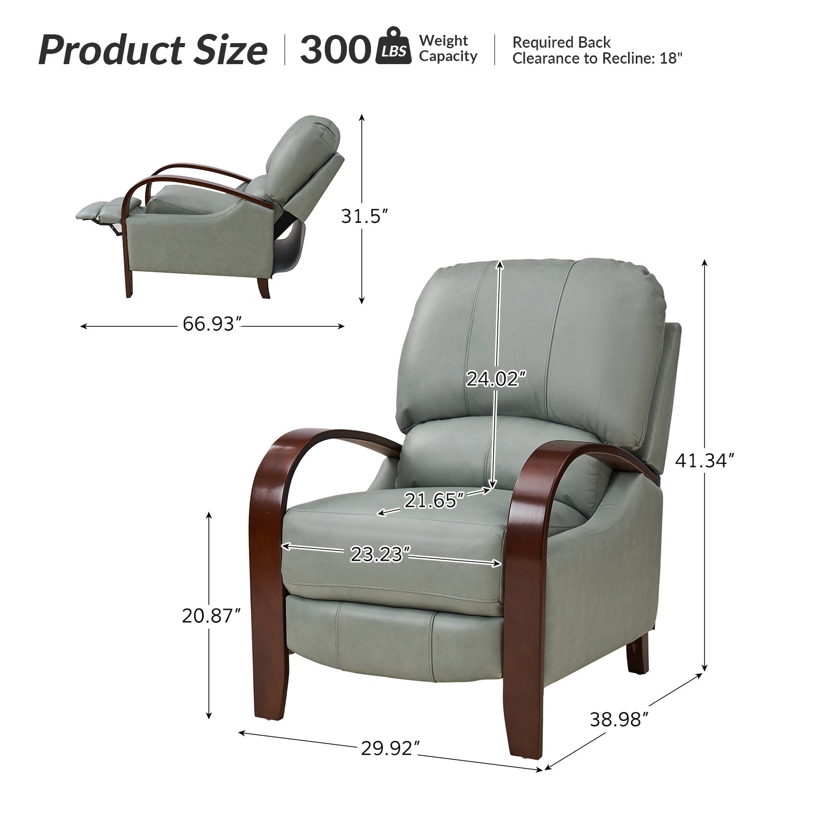 Fauteuil inclinable manuel en cuir véritable avec accoudoirs incurvés, ressorts sinueux et pieds en hévéa noyer | Beige / Chocolat / Camel / Noir / Bordeaux / Marron / Bleu marine / Tourterelle / Gris | Siège unique