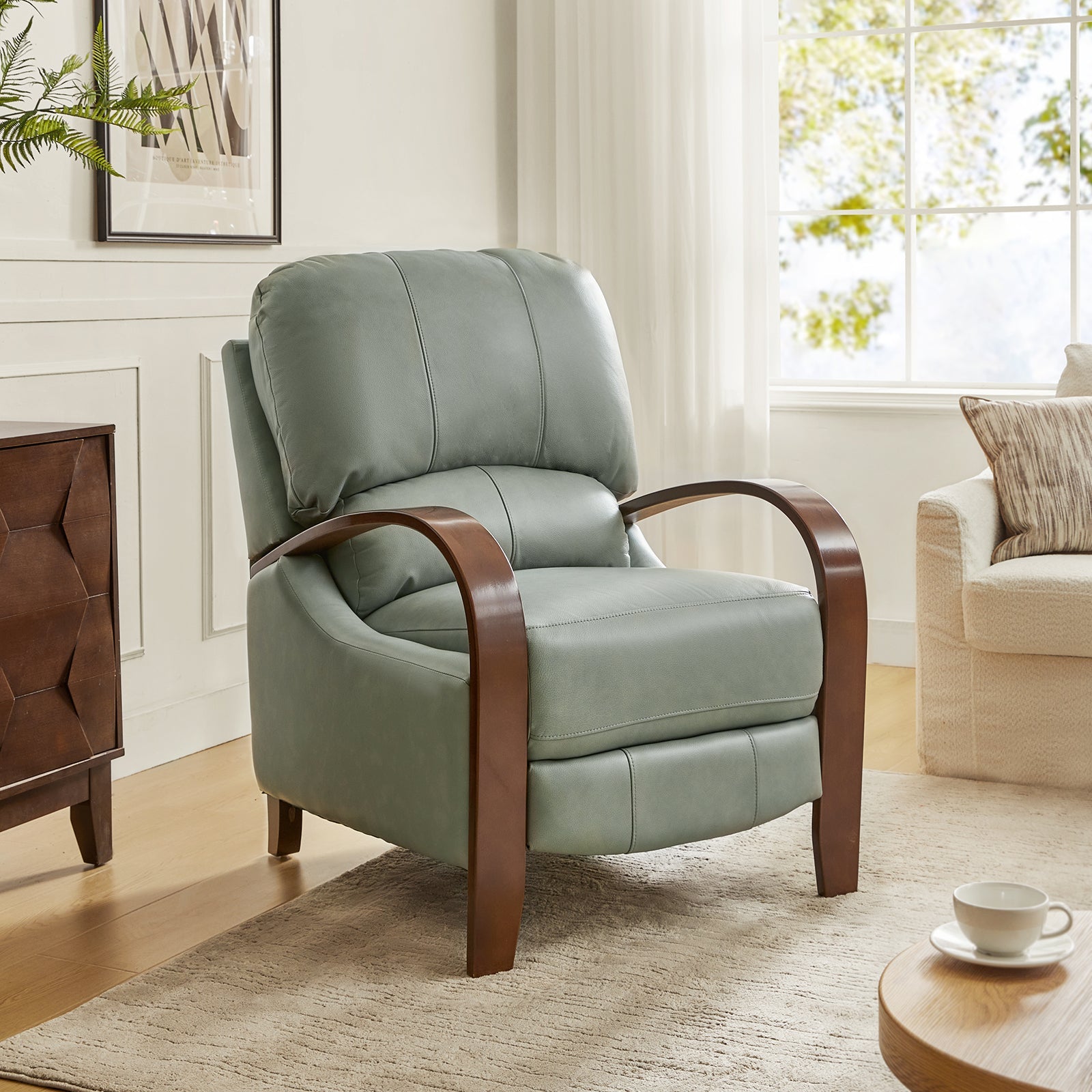 Fauteuil inclinable manuel en cuir véritable avec accoudoirs incurvés, ressorts sinueux et pieds en hévéa noyer | Beige / Chocolat / Camel / Noir / Bordeaux / Marron / Bleu marine / Tourterelle / Gris | Siège unique
