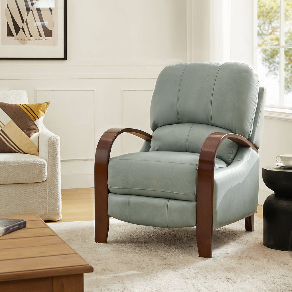 Fauteuil inclinable manuel en cuir véritable avec accoudoirs incurvés, ressorts sinueux et pieds en hévéa noyer | Beige / Chocolat / Camel / Noir / Bordeaux / Marron / Bleu marine / Tourterelle / Gris | Siège unique