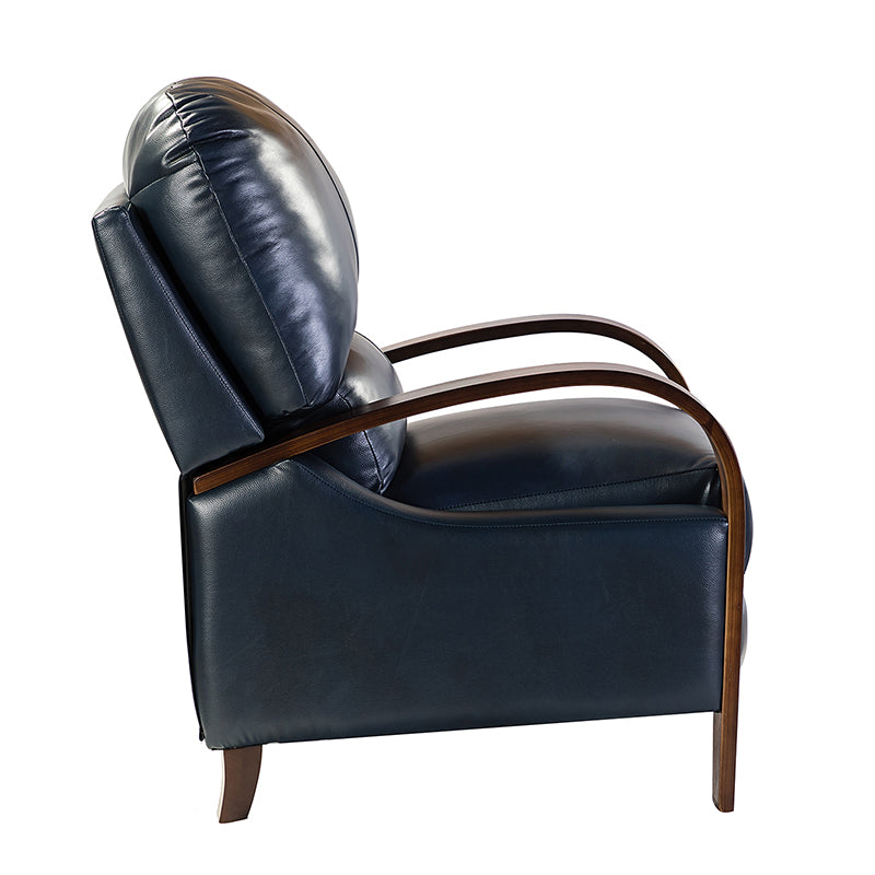 Fauteuil inclinable manuel en cuir véritable avec accoudoirs incurvés, ressorts sinueux et pieds en hévéa noyer | Beige / Chocolat / Camel / Noir / Bordeaux / Marron / Bleu marine / Tourterelle / Gris | Siège unique