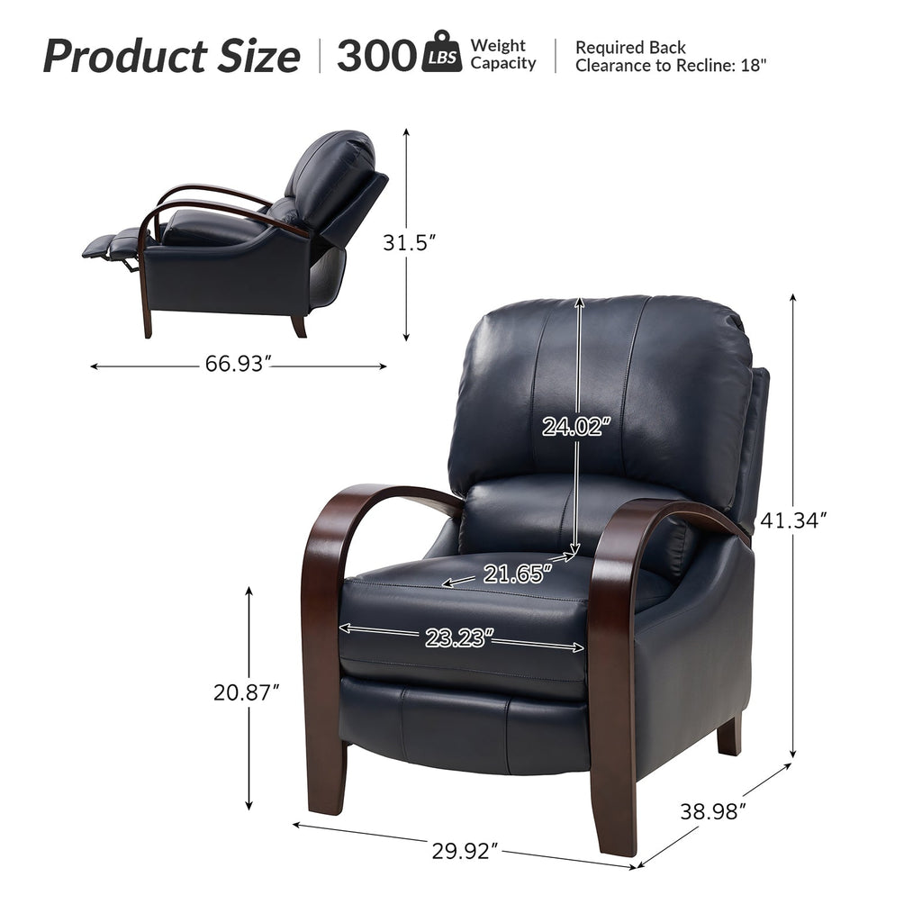 Fauteuil inclinable manuel en cuir véritable avec accoudoirs incurvés, ressorts sinueux et pieds en hévéa noyer | Beige / Chocolat / Camel / Noir / Bordeaux / Marron / Bleu marine / Tourterelle / Gris | Siège unique