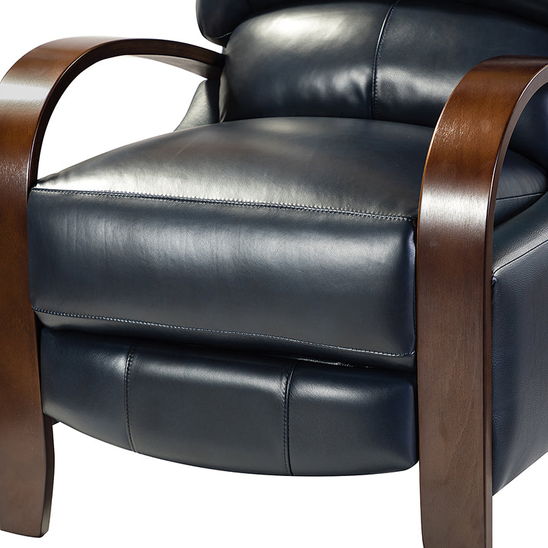 Fauteuil inclinable manuel en cuir véritable avec accoudoirs incurvés, ressorts sinueux et pieds en hévéa noyer | Beige / Chocolat / Camel / Noir / Bordeaux / Marron / Bleu marine / Tourterelle / Gris | Siège unique