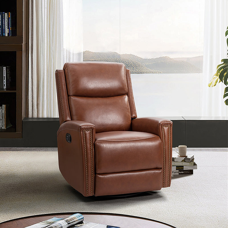Fauteuil inclinable à dossier haut en cuir véritable avec clous décoratifs, ressorts en S et 3 positions manuelles | Bourgogne / Chameau / Marron / Noir / Tourterelle / Bleu marine / Beige / Sauge / Taupe | Fauteuil simple