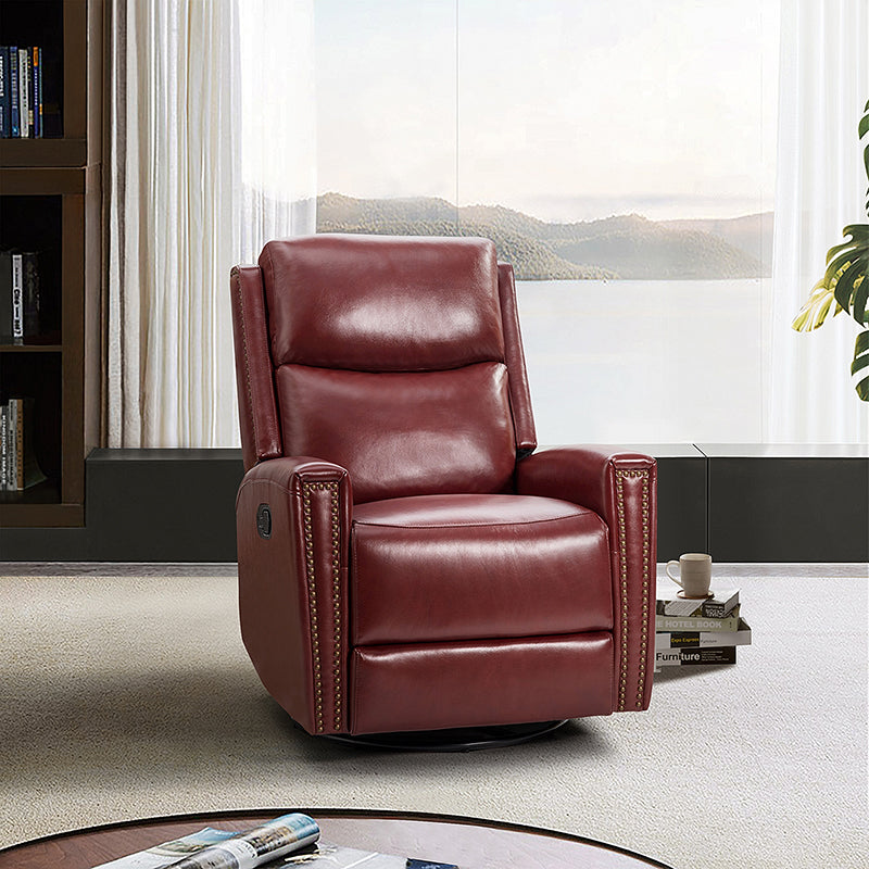 Fauteuil inclinable à dossier haut en cuir véritable avec clous décoratifs, ressorts en S et 3 positions manuelles | Bourgogne / Chameau / Marron / Noir / Tourterelle / Bleu marine / Beige / Sauge / Taupe | Fauteuil simple
