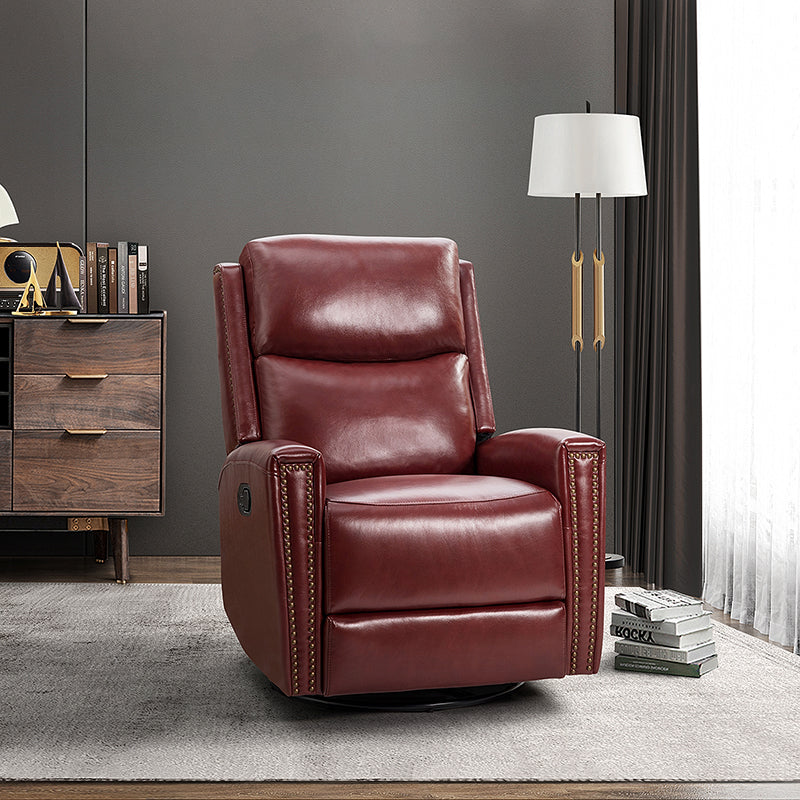 Fauteuil inclinable à dossier haut en cuir véritable avec clous décoratifs, ressorts en S et 3 positions manuelles | Bourgogne / Chameau / Marron / Noir / Tourterelle / Bleu marine / Beige / Sauge / Taupe | Fauteuil simple