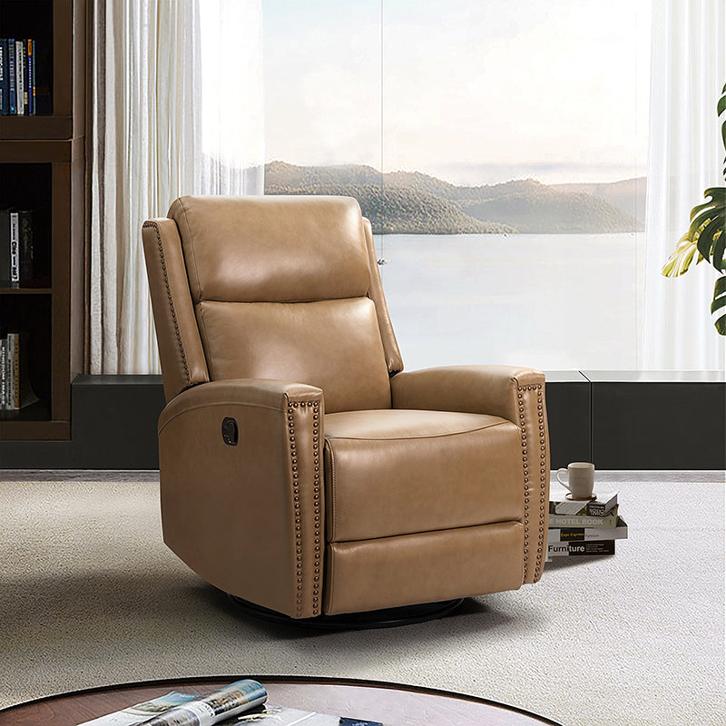 Fauteuil inclinable à dossier haut en cuir véritable avec clous décoratifs, ressorts en S et 3 positions manuelles | Bourgogne / Chameau / Marron / Noir / Tourterelle / Bleu marine / Beige / Sauge / Taupe | Fauteuil simple