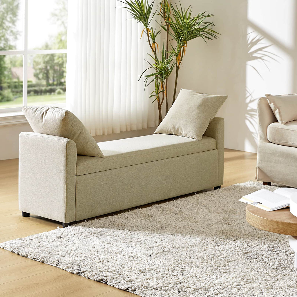 Banc de rangement capitonné avec 2 oreillers décoratifs, accoudoirs et pieds en plastique noir | Beige / Bleu marine / Sarcelle / Lin / Gris / Anthracite / Taupe / Marron | Simple