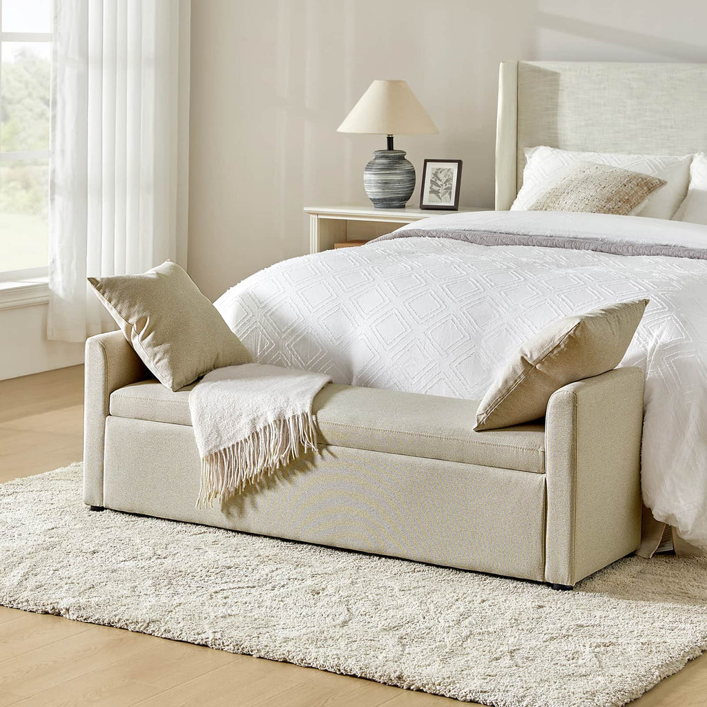 Banc de rangement capitonné avec 2 oreillers décoratifs, accoudoirs et pieds en plastique noir | Beige / Bleu marine / Sarcelle / Lin / Gris / Anthracite / Taupe / Marron | Simple