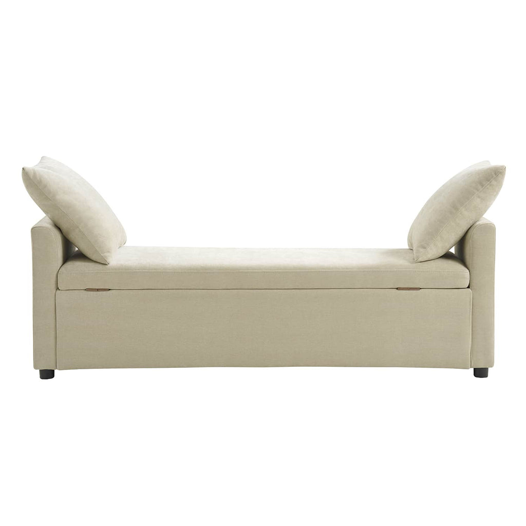 Banc de rangement capitonné avec 2 oreillers décoratifs, accoudoirs et pieds en plastique noir | Beige / Bleu marine / Sarcelle / Lin / Gris / Anthracite / Taupe / Marron | Simple