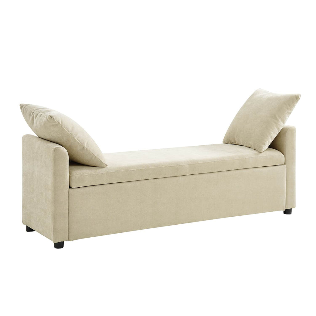 Banc de rangement capitonné avec 2 oreillers décoratifs, accoudoirs et pieds en plastique noir | Beige / Bleu marine / Sarcelle / Lin / Gris / Anthracite / Taupe / Marron | Simple