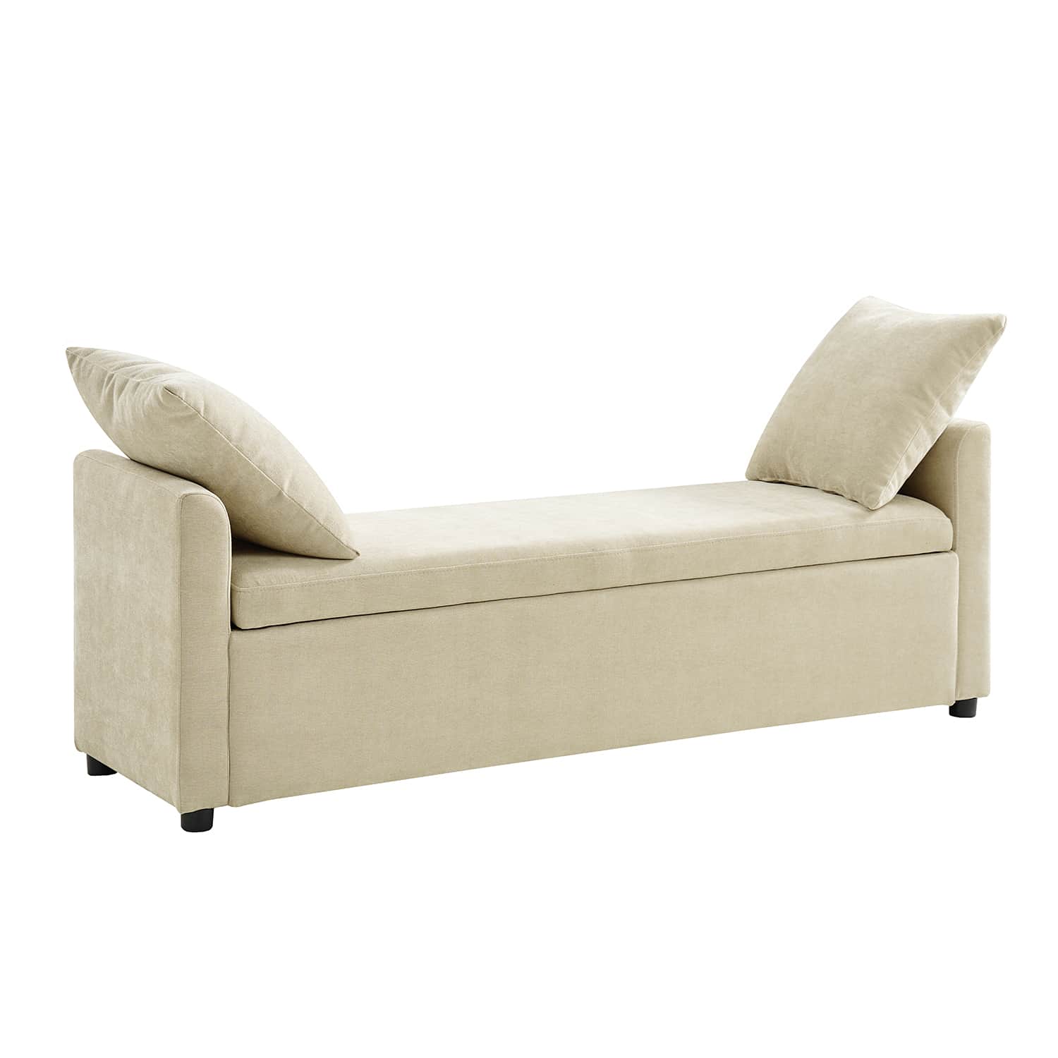 Banc de rangement capitonné avec 2 oreillers décoratifs, accoudoirs et pieds en plastique noir | Beige / Bleu marine / Sarcelle / Lin / Gris / Anthracite / Taupe / Marron | Simple