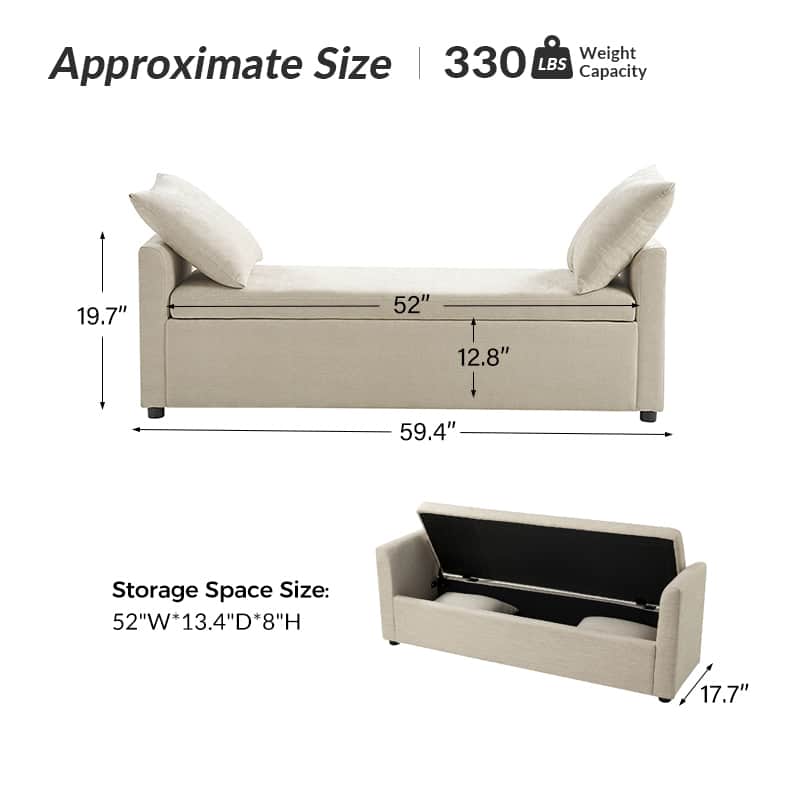 Banc de rangement capitonné avec 2 oreillers décoratifs, accoudoirs et pieds en plastique noir | Beige / Bleu marine / Sarcelle / Lin / Gris / Anthracite / Taupe / Marron | Simple