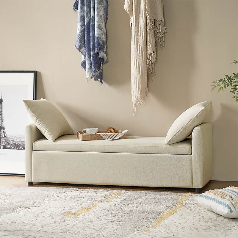Banc de rangement capitonné avec 2 oreillers décoratifs, accoudoirs et pieds en plastique noir | Beige / Bleu marine / Sarcelle / Lin / Gris / Anthracite / Taupe / Marron | Simple