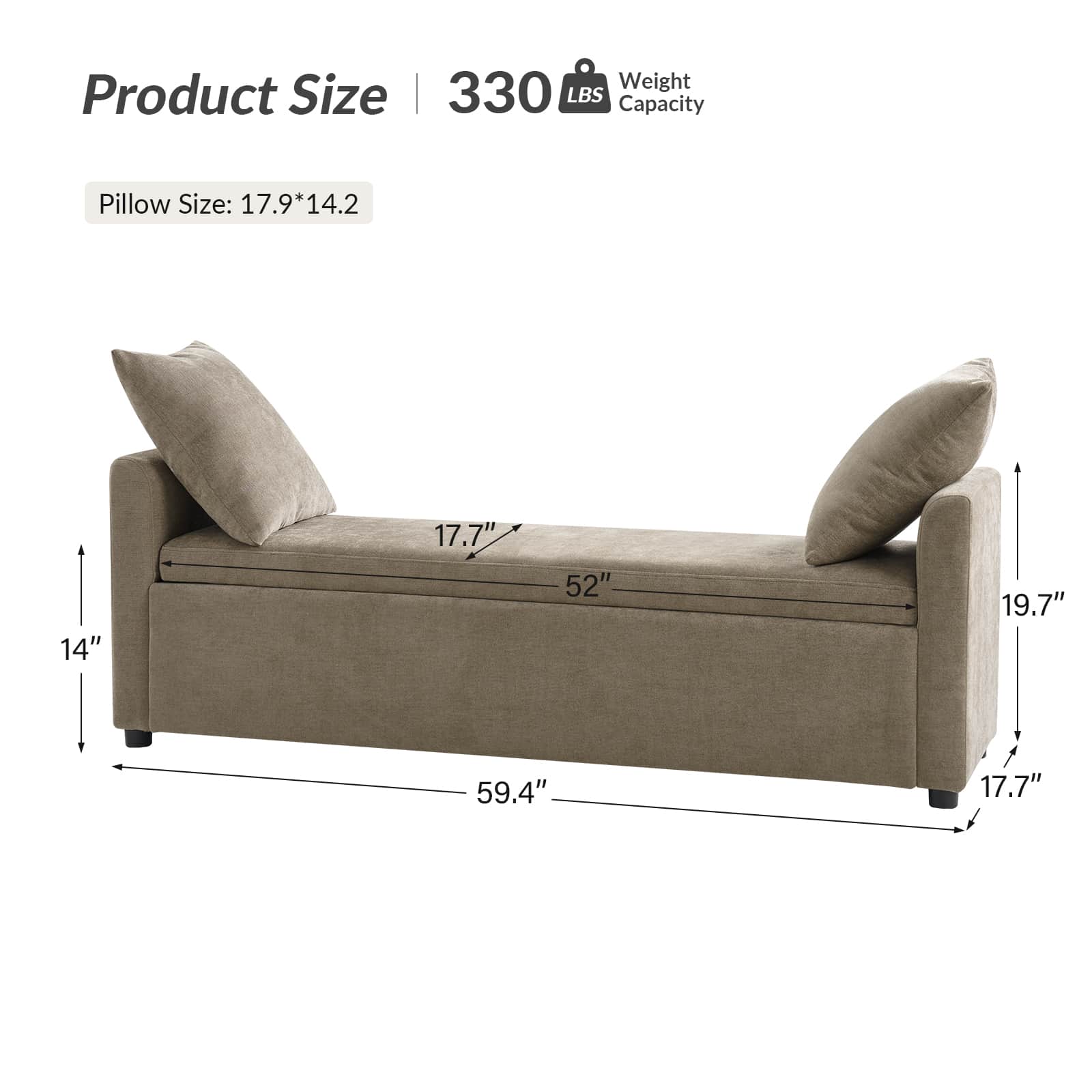 Banc de rangement capitonné avec 2 oreillers décoratifs, accoudoirs et pieds en plastique noir | Beige / Bleu marine / Sarcelle / Lin / Gris / Anthracite / Taupe / Marron | Simple