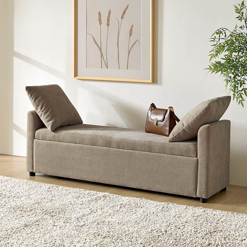 Banc de rangement capitonné avec 2 oreillers décoratifs, accoudoirs et pieds en plastique noir | Beige / Bleu marine / Sarcelle / Lin / Gris / Anthracite / Taupe / Marron | Simple