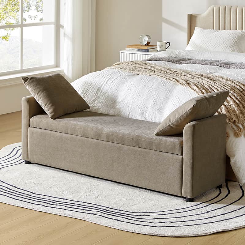 Banc de rangement capitonné avec 2 oreillers décoratifs, accoudoirs et pieds en plastique noir | Beige / Bleu marine / Sarcelle / Lin / Gris / Anthracite / Taupe / Marron | Simple