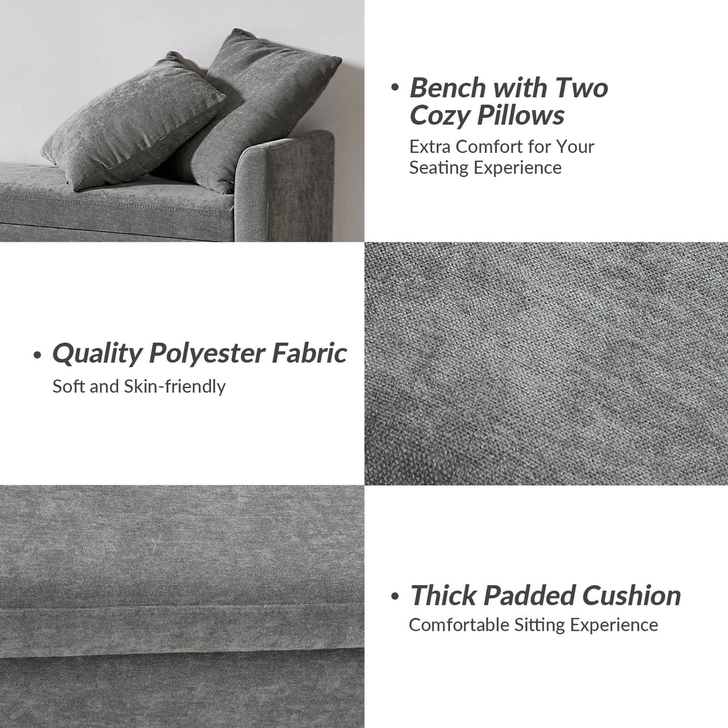 Banc de rangement capitonné avec 2 oreillers décoratifs, accoudoirs et pieds en plastique noir | Beige / Bleu marine / Sarcelle / Lin / Gris / Anthracite / Taupe / Marron | Simple
