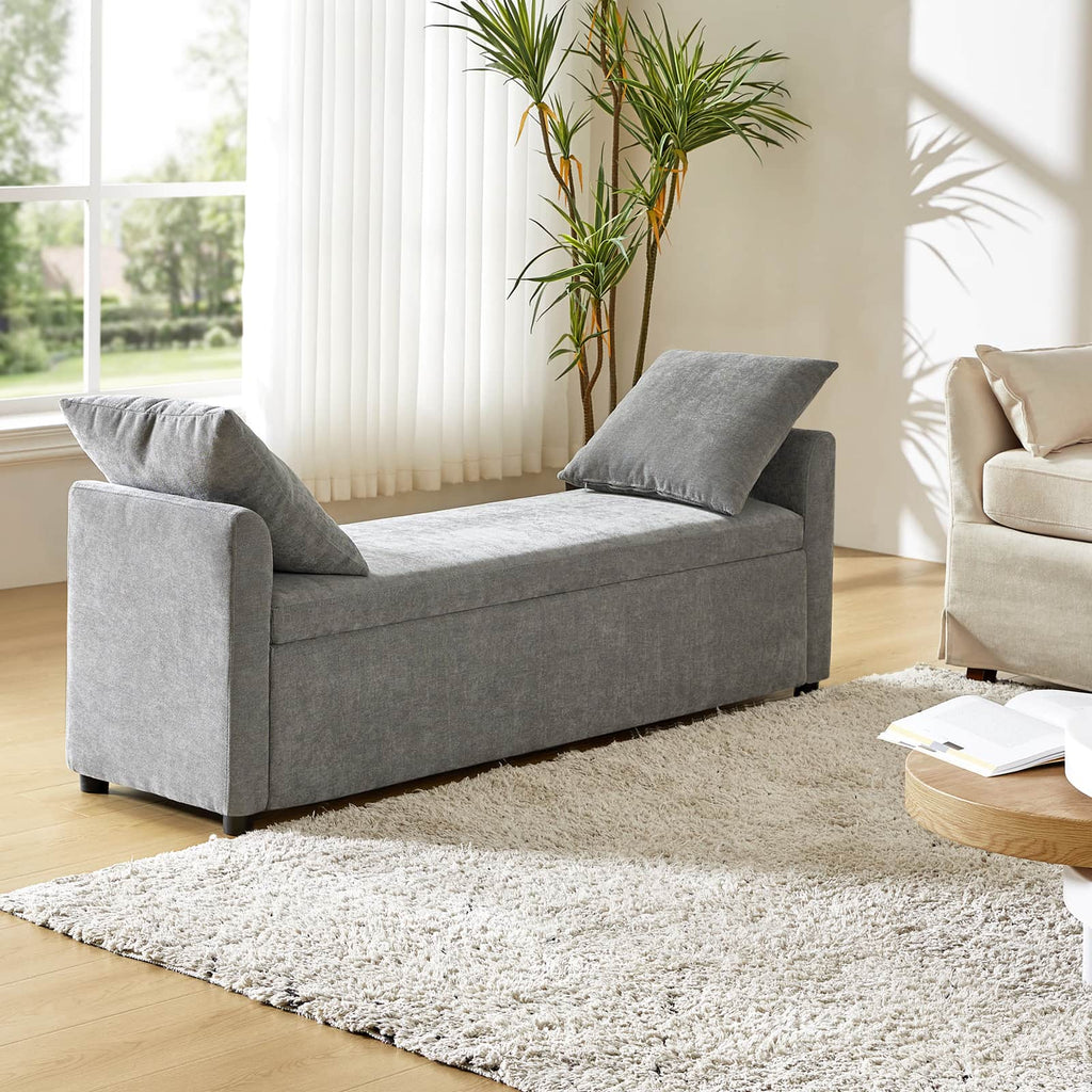 Banc de rangement capitonné avec 2 oreillers décoratifs, accoudoirs et pieds en plastique noir | Beige / Bleu marine / Sarcelle / Lin / Gris / Anthracite / Taupe / Marron | Simple