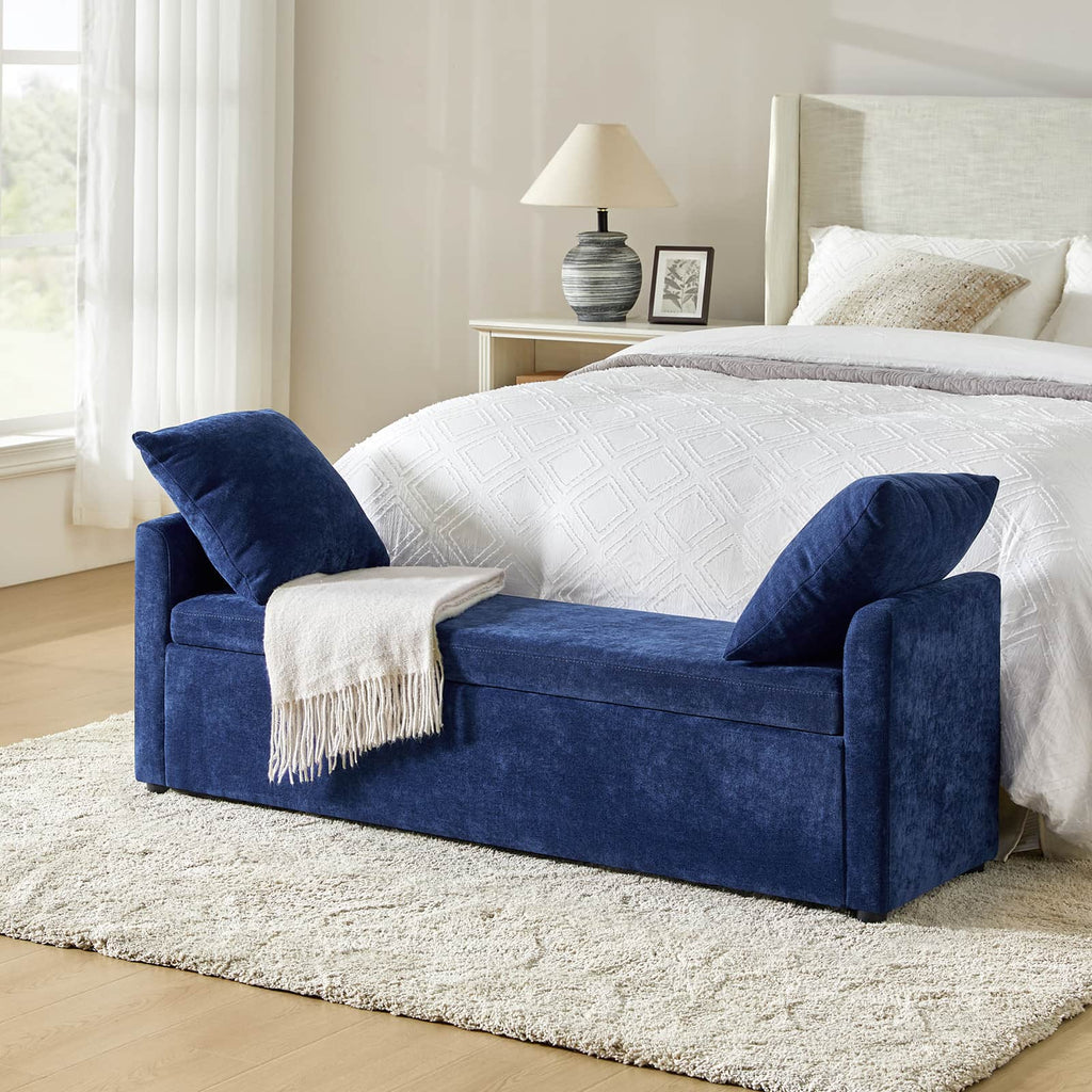 Banc de rangement capitonné avec 2 oreillers décoratifs, accoudoirs et pieds en plastique noir | Beige / Bleu marine / Sarcelle / Lin / Gris / Anthracite / Taupe / Marron | Simple