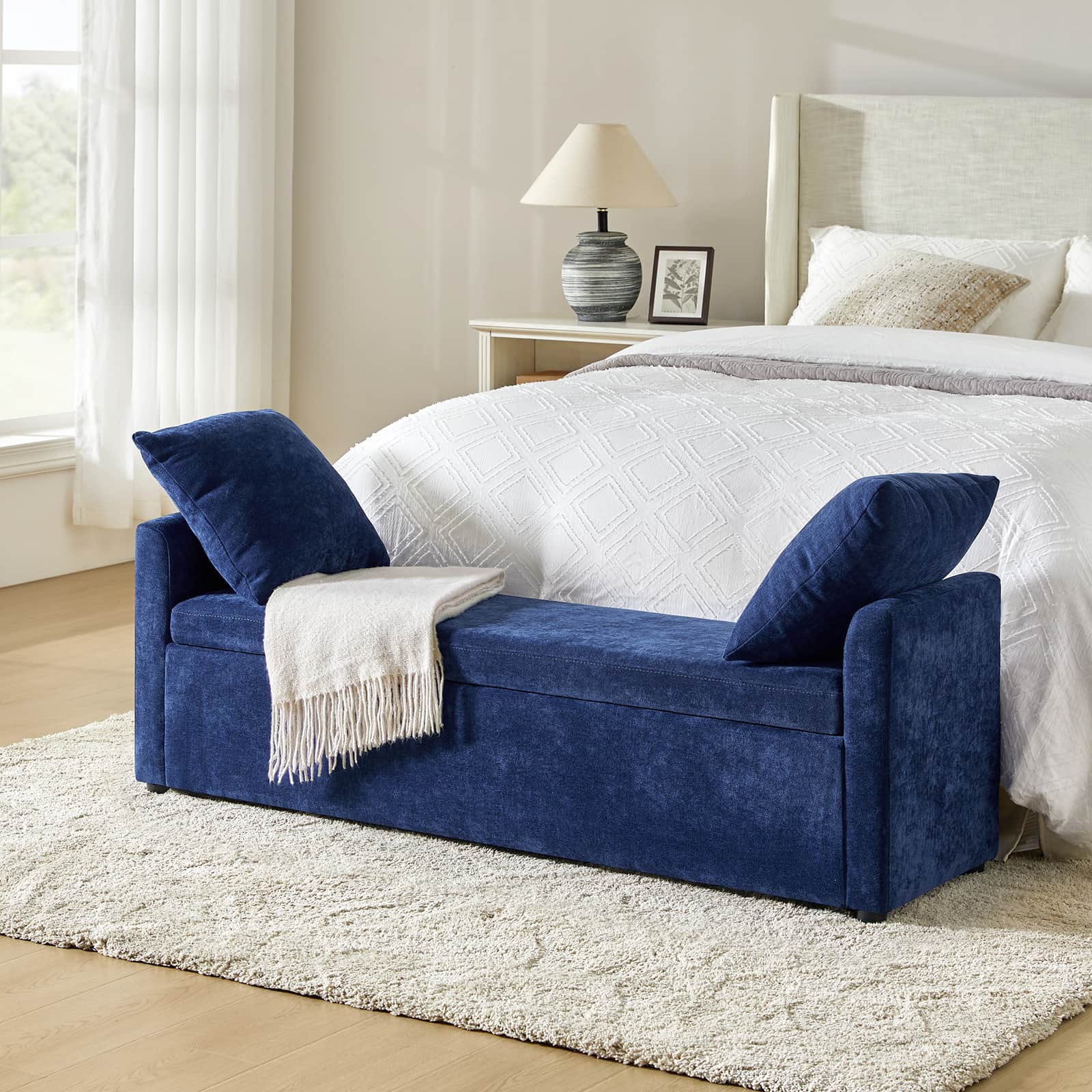 Banc de rangement capitonné avec 2 oreillers décoratifs, accoudoirs et pieds en plastique noir | Beige / Bleu marine / Sarcelle / Lin / Gris / Anthracite / Taupe / Marron | Simple