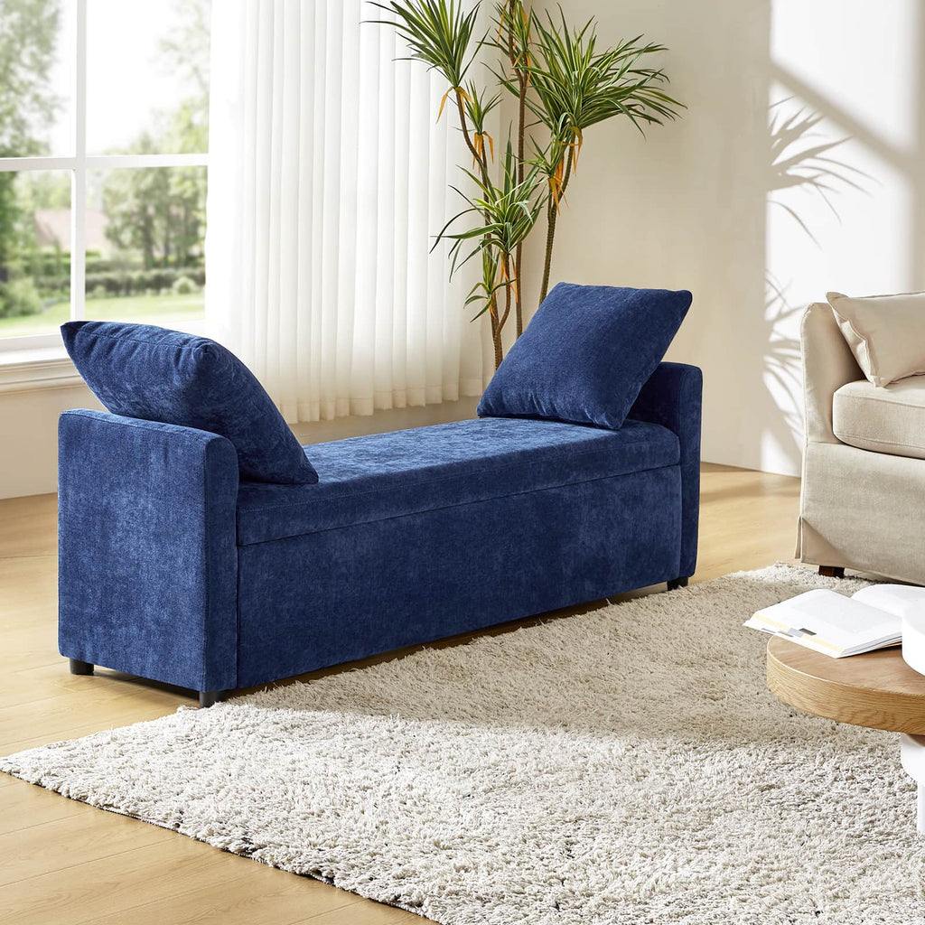 Banc de rangement capitonné avec 2 oreillers décoratifs, accoudoirs et pieds en plastique noir | Beige / Bleu marine / Sarcelle / Lin / Gris / Anthracite / Taupe / Marron | Simple