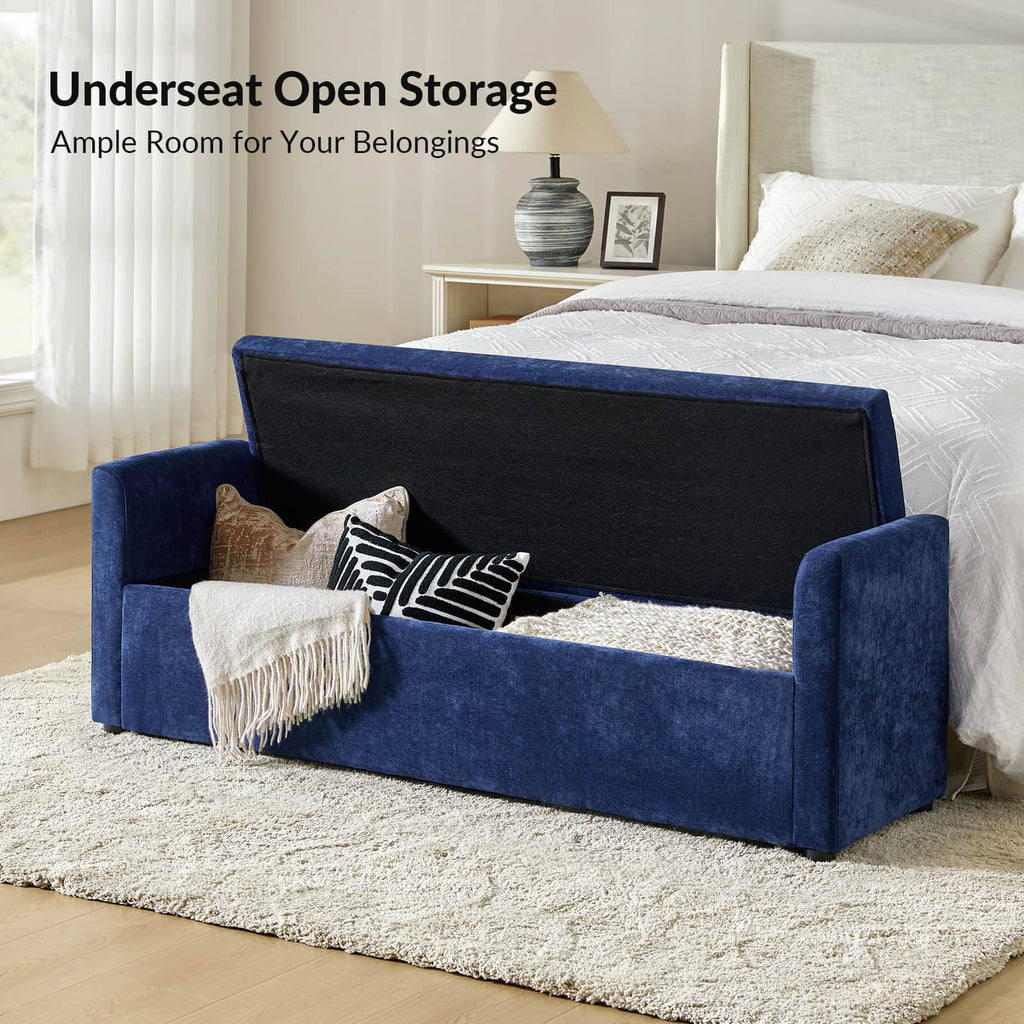 Banc de rangement capitonné avec 2 oreillers décoratifs, accoudoirs et pieds en plastique noir | Beige / Bleu marine / Sarcelle / Lin / Gris / Anthracite / Taupe / Marron | Simple
