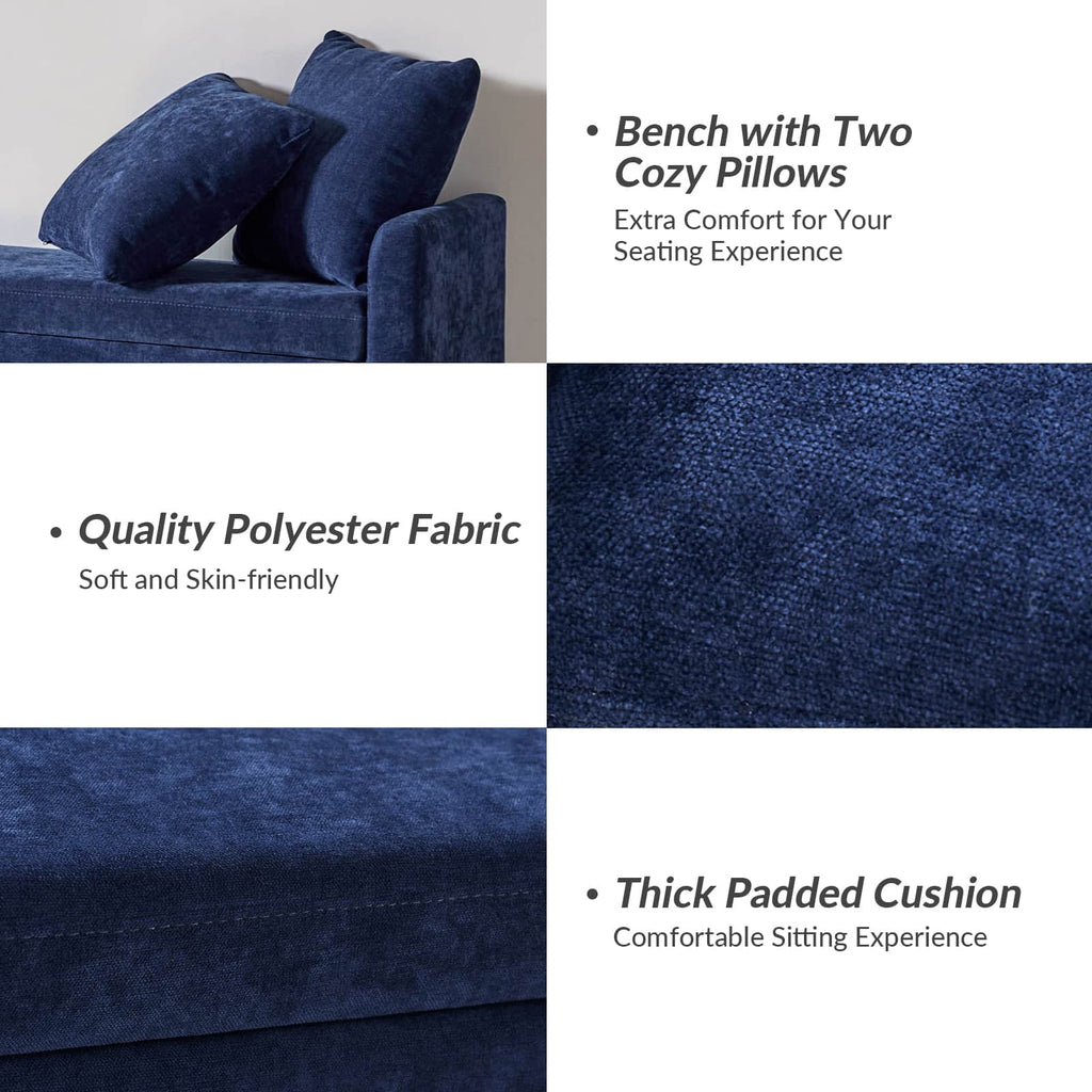 Banc de rangement capitonné avec 2 oreillers décoratifs, accoudoirs et pieds en plastique noir | Beige / Bleu marine / Sarcelle / Lin / Gris / Anthracite / Taupe / Marron | Simple