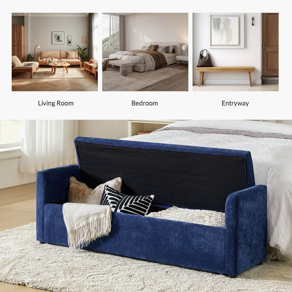 Banc de rangement capitonné avec 2 oreillers décoratifs, accoudoirs et pieds en plastique noir | Beige / Bleu marine / Sarcelle / Lin / Gris / Anthracite / Taupe / Marron | Simple