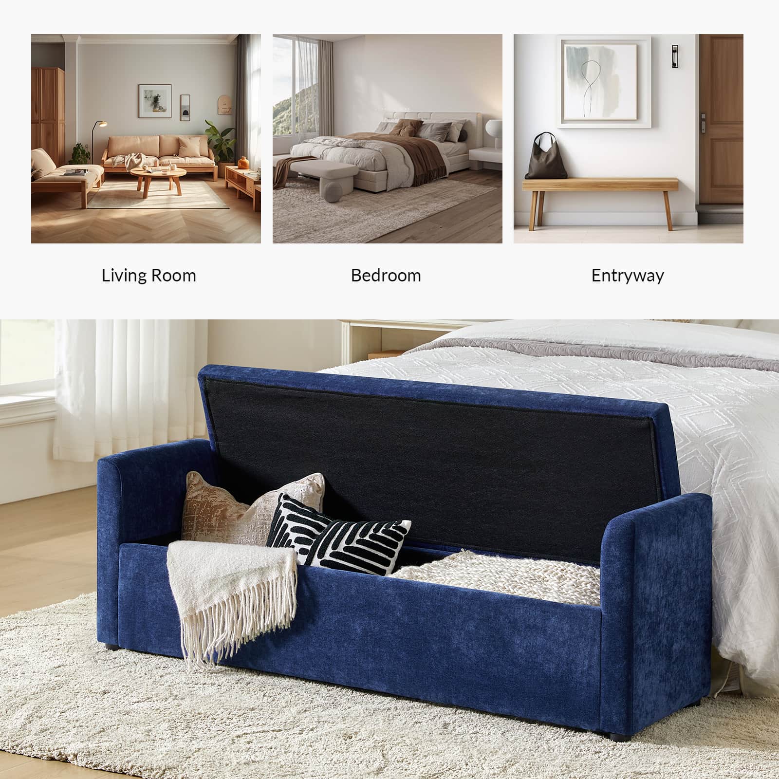 Banc de rangement capitonné avec 2 oreillers décoratifs, accoudoirs et pieds en plastique noir | Beige / Bleu marine / Sarcelle / Lin / Gris / Anthracite / Taupe / Marron | Simple