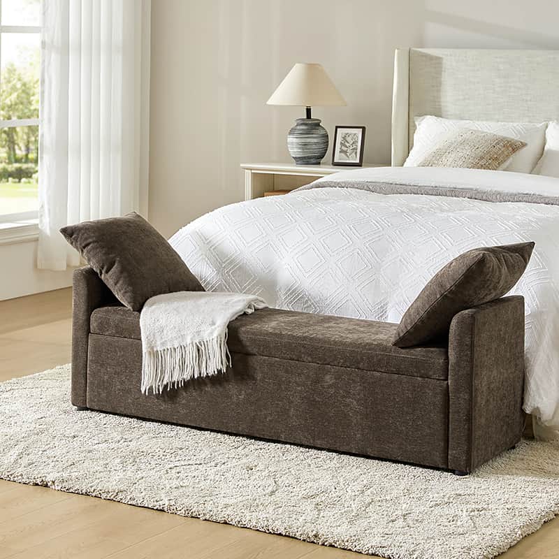 Banc de rangement capitonné avec 2 oreillers décoratifs, accoudoirs et pieds en plastique noir | Beige / Bleu marine / Sarcelle / Lin / Gris / Anthracite / Taupe / Marron | Simple