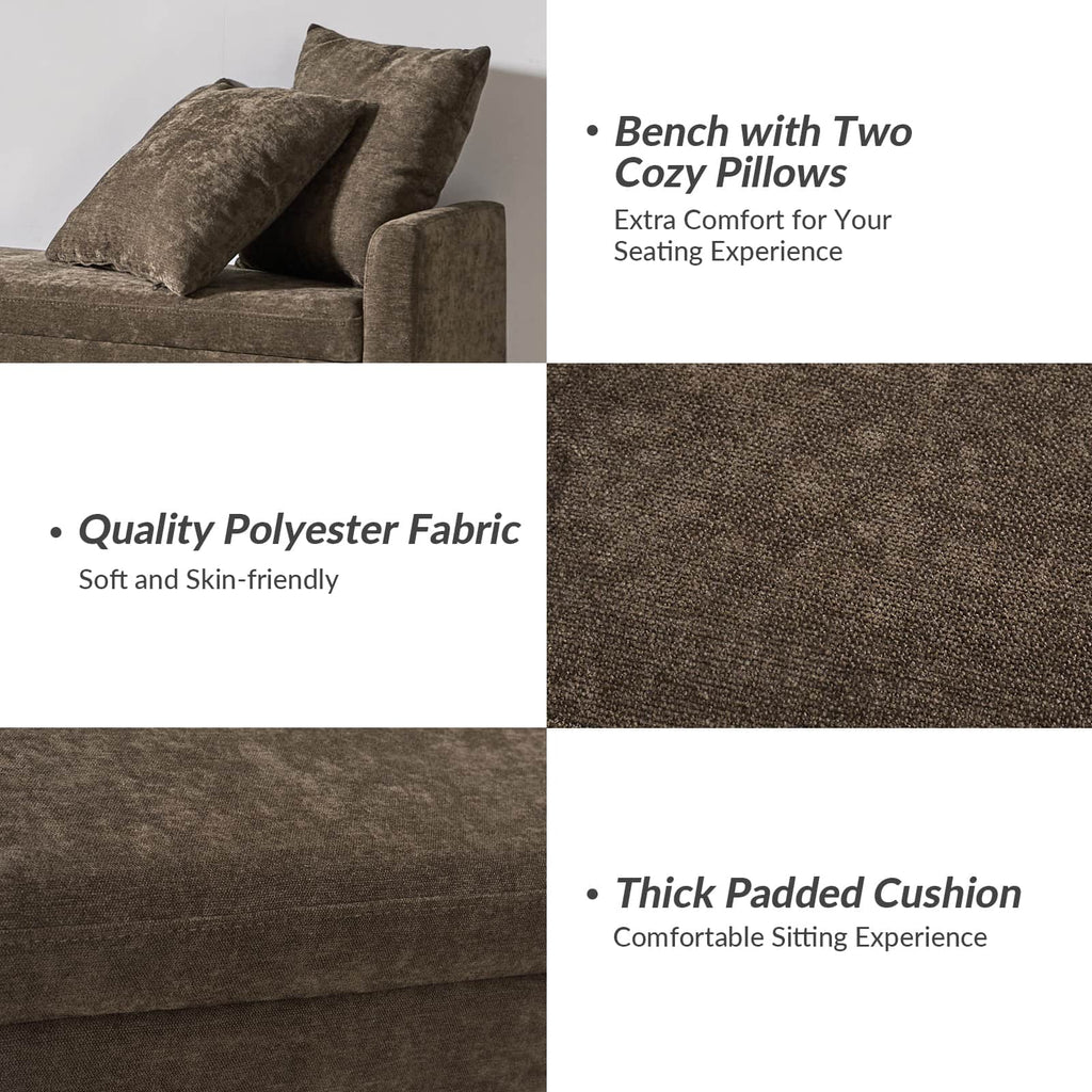 Banc de rangement capitonné avec 2 oreillers décoratifs, accoudoirs et pieds en plastique noir | Beige / Bleu marine / Sarcelle / Lin / Gris / Anthracite / Taupe / Marron | Simple