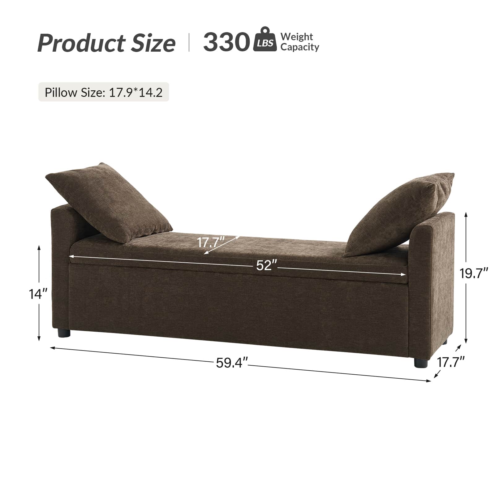 Banc de rangement capitonné avec 2 oreillers décoratifs, accoudoirs et pieds en plastique noir | Beige / Bleu marine / Sarcelle / Lin / Gris / Anthracite / Taupe / Marron | Simple