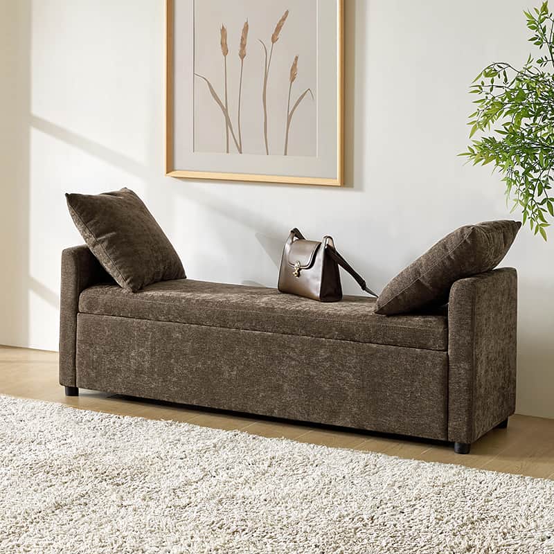 Banc de rangement capitonné avec 2 oreillers décoratifs, accoudoirs et pieds en plastique noir | Beige / Bleu marine / Sarcelle / Lin / Gris / Anthracite / Taupe / Marron | Simple