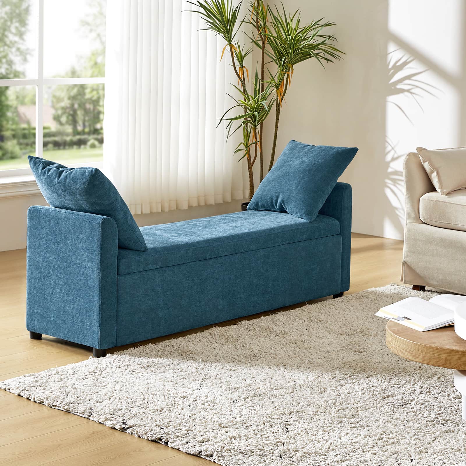 Banc de rangement capitonné avec 2 oreillers décoratifs, accoudoirs et pieds en plastique noir | Beige / Bleu marine / Sarcelle / Lin / Gris / Anthracite / Taupe / Marron | Simple